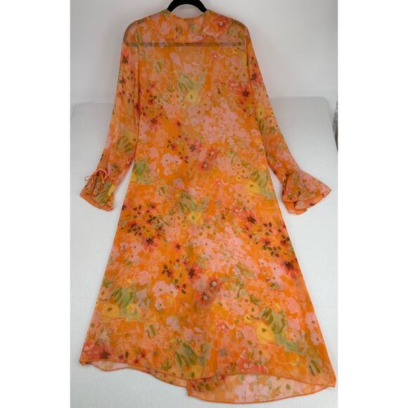 Wild Fable Ruffle Floral Orange Sheer Duster Cover Up Jacket Kimono Boho M - Picture 3 of 6